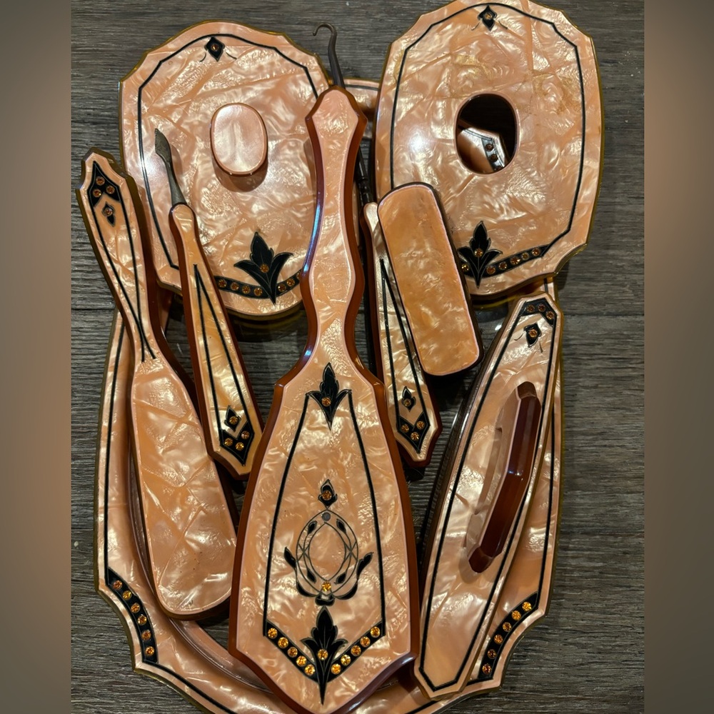 Vintage rose gold celluloid vanity set